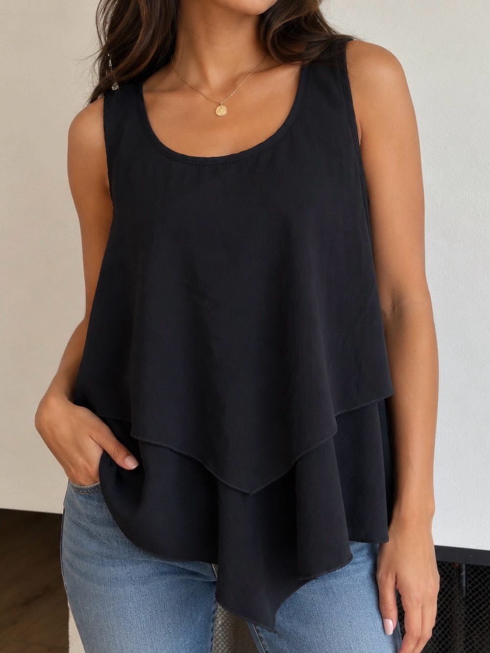 Libian Black Layered Handkerchief Hem Tank Top